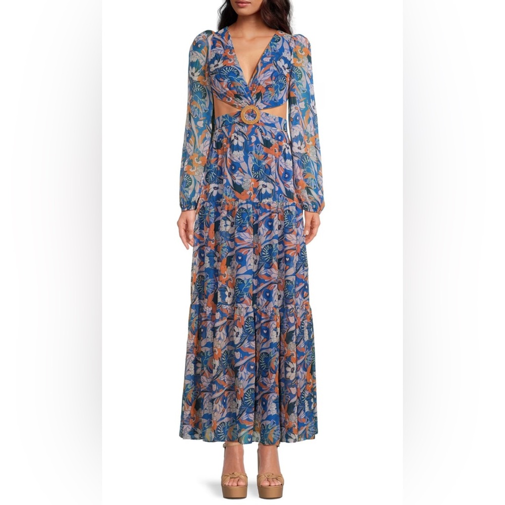 New Lillian Floral Print Long Sleeve Deep V-Neck Cut-Out Tiered A-Line Dress